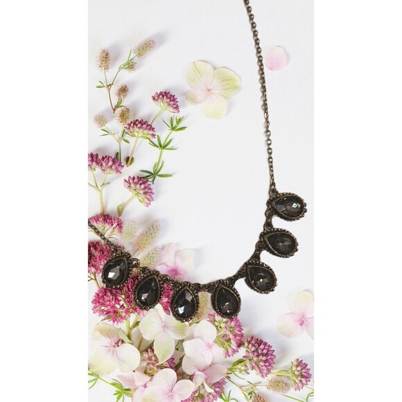Smoky Gray Rhinestone Teardrop Bib Necklace Statement  Bronze Tone Chain Women - Picture 6 of 11